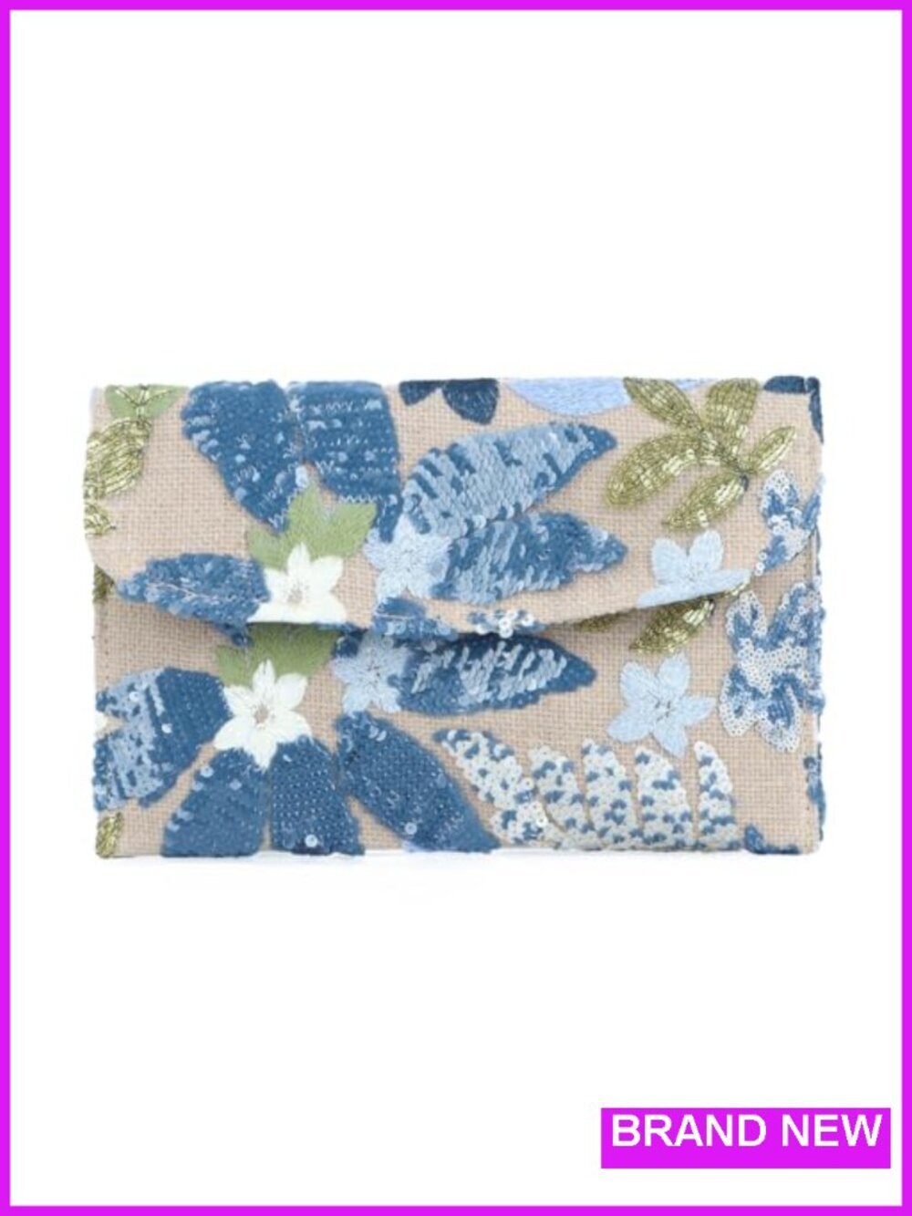 Beaded Floral Embroidery Clutch Purse with Detachable Chain